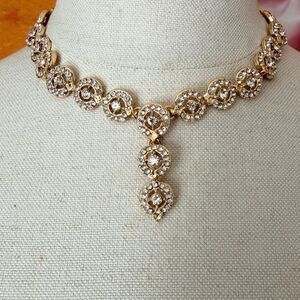 Gold Tone Clear Rhinestone Y Drop Statement Necklace